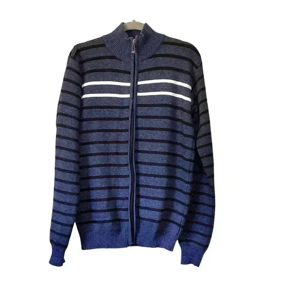 True Rock Women's Sweater Black and Blue Striped Full Zip Turtleneck Size Large - Picture 1 of 7